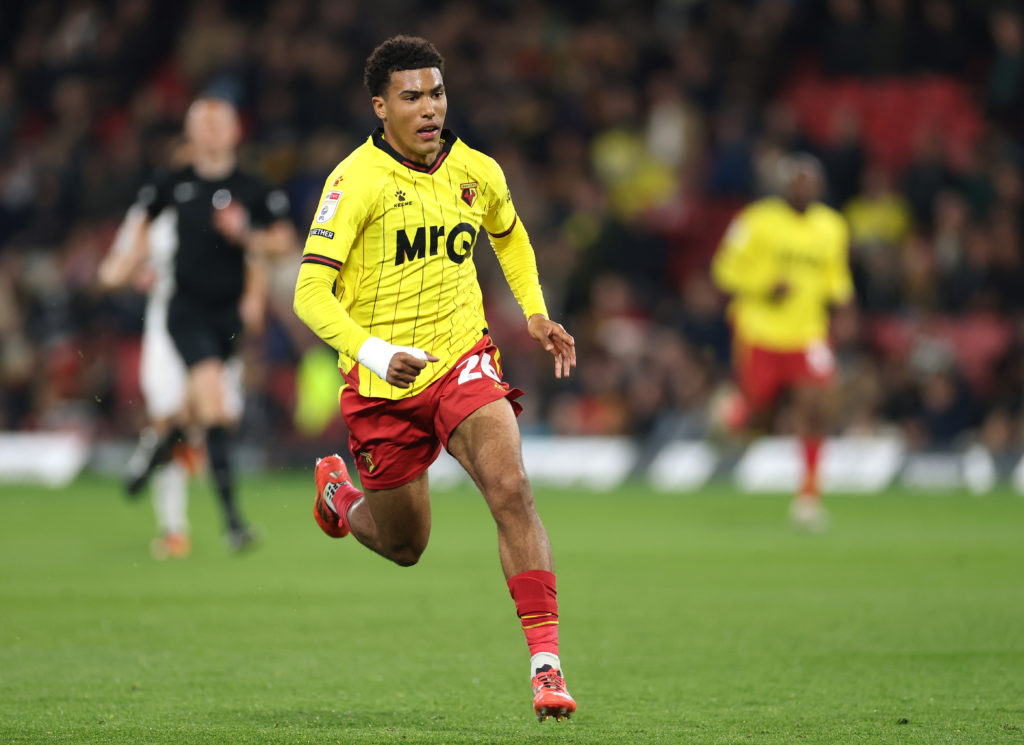 Caleb Wiley of Watford runs for the ball during the Sky Bet Championship match between Watford FC and Hull City AFC