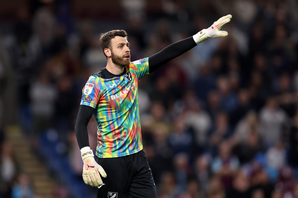 Angus Gunn of Norwich City reacts during the Sky Bet Championship match between Burnley FC and Norwich City FC at on April 11, 2025 in Burnley, England.