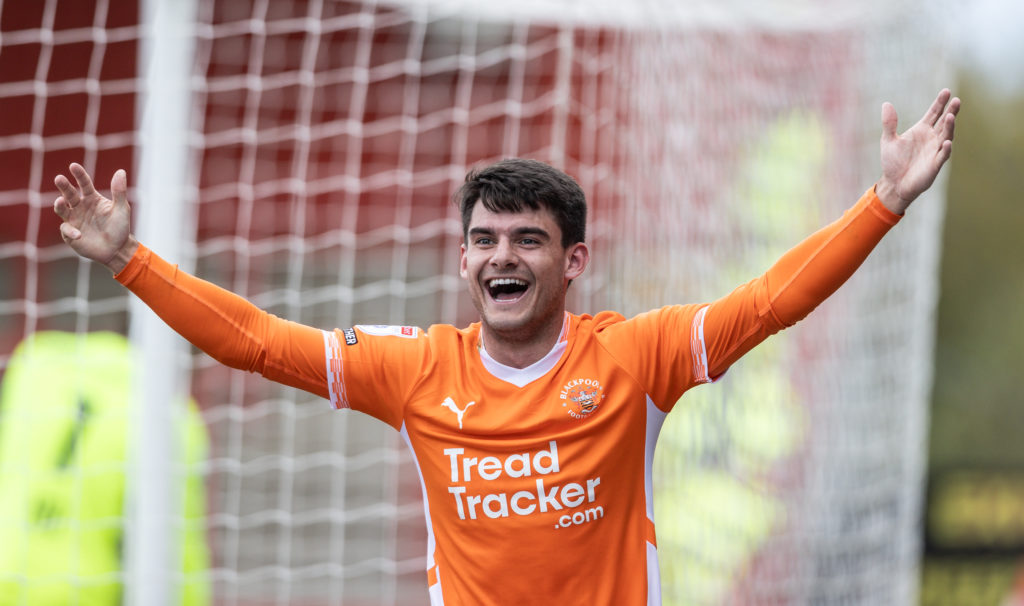 Blackpool's Rob Apter celebrates scoring his side's third goal completing his hat trick during the Sky Bet League One match between Stevenage FC and Blackpool FC at The Lamex Stadium on April 18, 2025 in Stevenage, England.