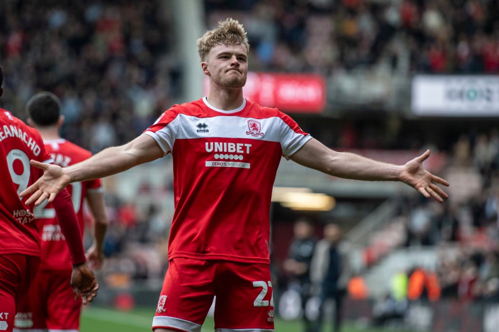 Tommy Conway scores from the penalty spot and celebrates during the Sky Bet Championship match between Middlesbrough and Plymouth Argyle at the Riverside Stadium in Middlesbrough, England, on April 18, 2025.