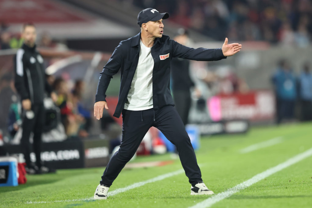 Koln head coach reacts during the 2. Bundesliga game against SSV Jahn Regensburg