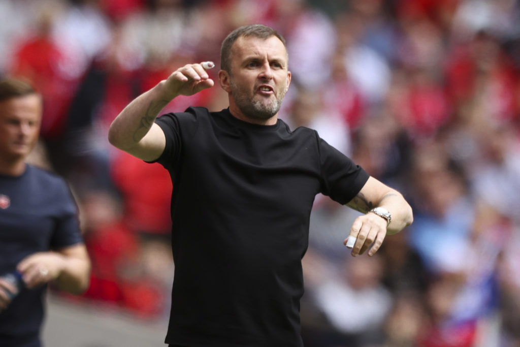 Nathan Jones, manager of Charlton Athletic, gestures on the touchline during the Sky Bet League 1 Play Off Final match between Charlton Athletic and Leyton Orient at Wembley Stadium in London, England, on May 24, 2025.