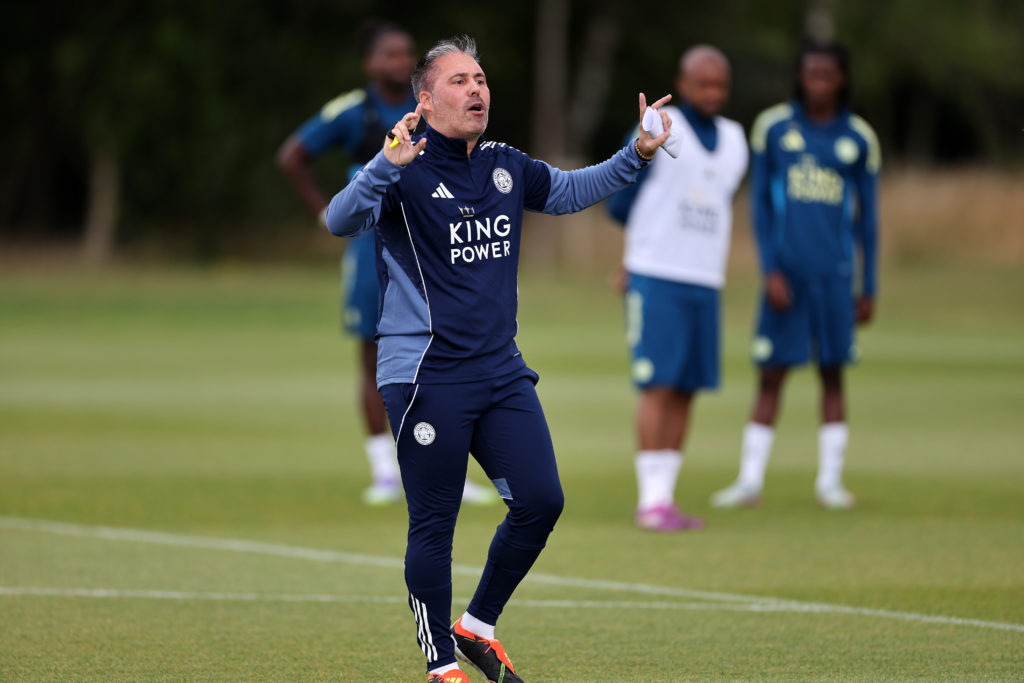 Marti Cifuentes leads Leicester City during a training session