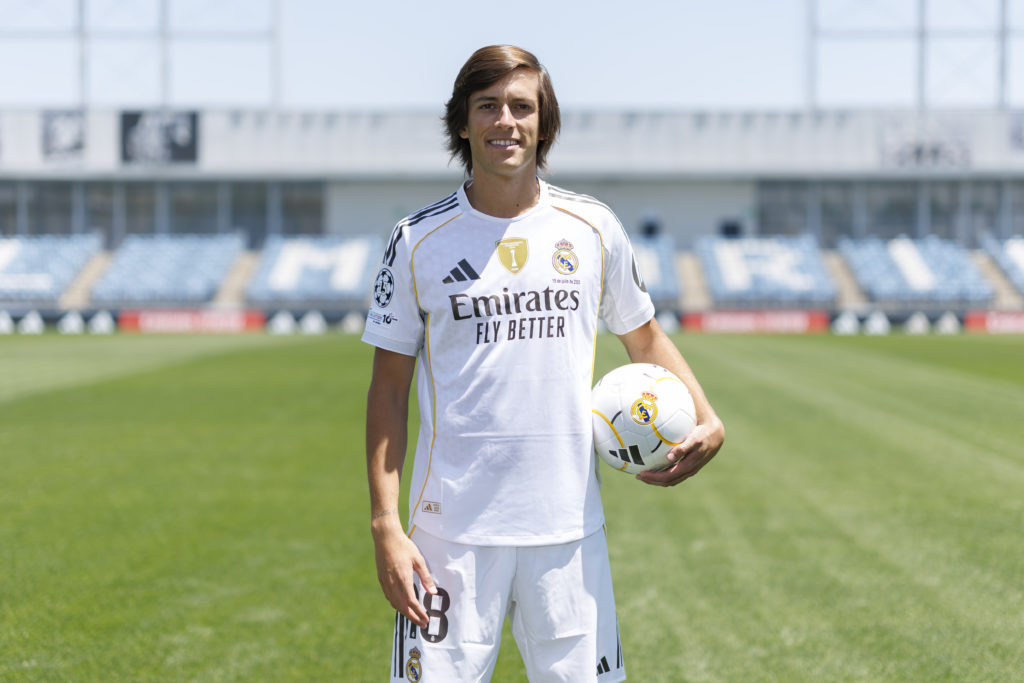 Álvaro Carreras, during his presentation as Real Madrid player at Valdebebas training ground