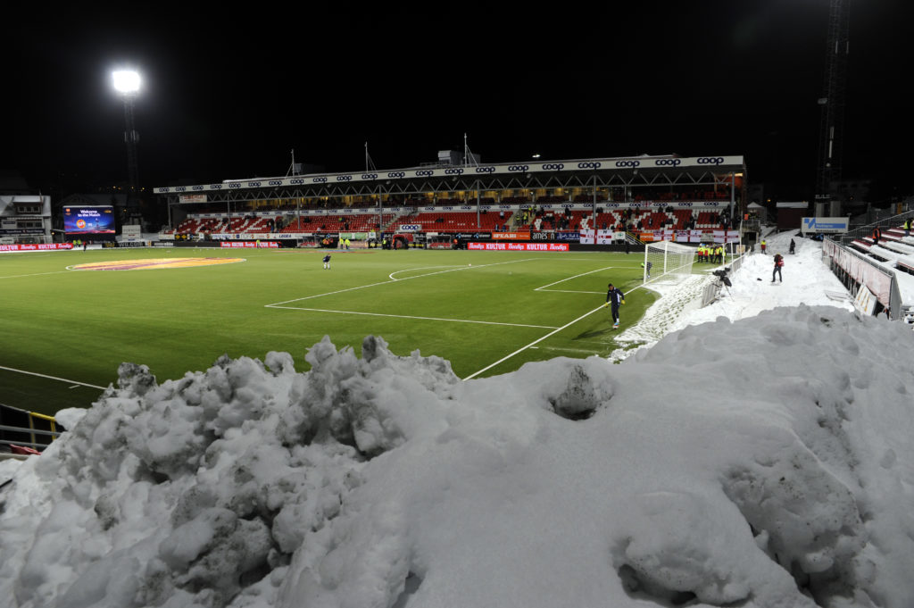 Snow is seen around the stadium prior to the UEFA Europa League Group K football match Tromso IL vs Tottenham Hotspur FC