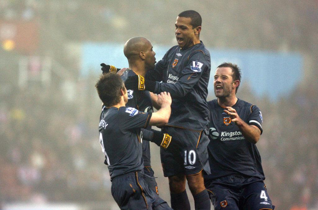Geovanni celebrating a Marlon King goal for Hull City against Stoke City