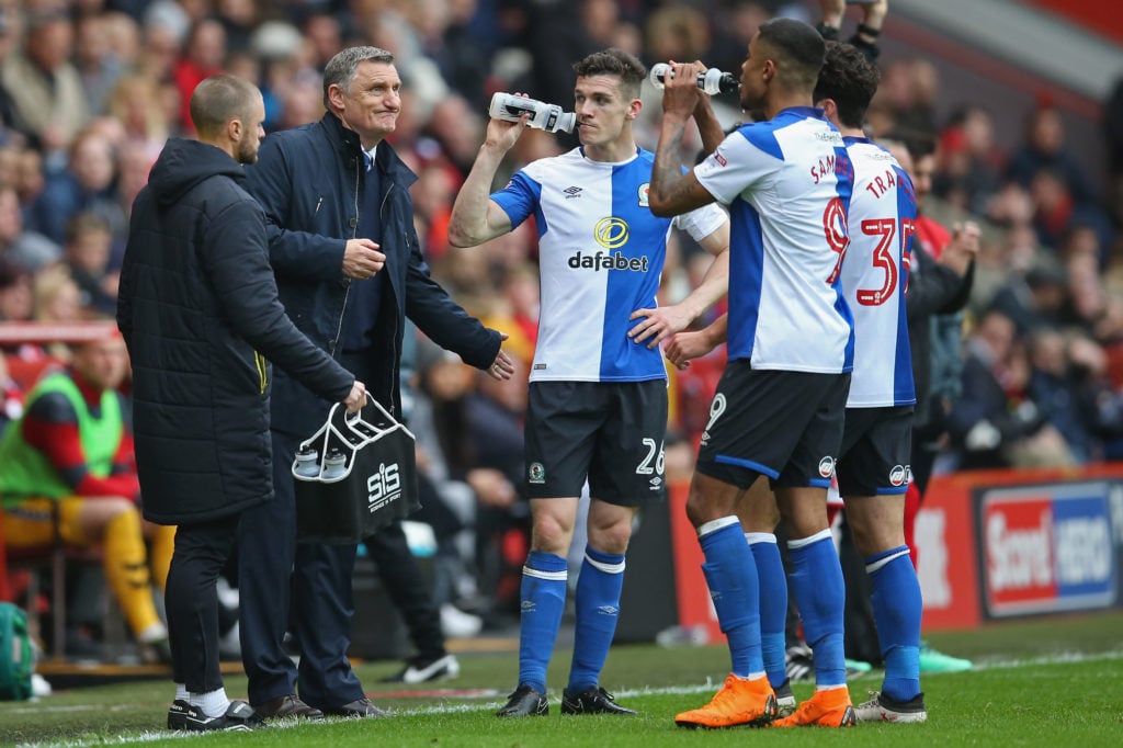 Tony Mowbray talking to Blackburn Rovers players during match against Charlton Athletic.
