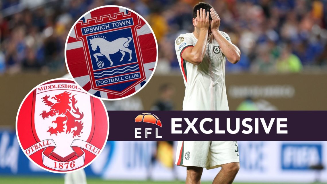 An image of Chelsea striker Marc Guiu with an inset of the Middlesbrough and Ipswich badge and exclusive banner.