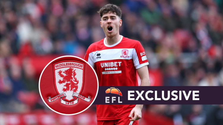 Hayden Hackney during Middlesbrough FC v Derby County FC - Sky Bet Championship. Middlesbrough logo on the seats in the dugout during the Premier L...