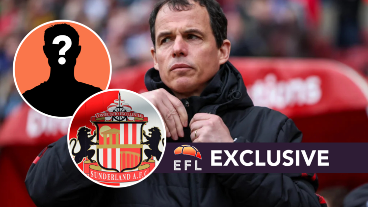 Sunderland manager Regis Le Bris at the Stadium of Light before a Championship game. Inset, the Sunderland AFC badge and a mystery player, with EFL...