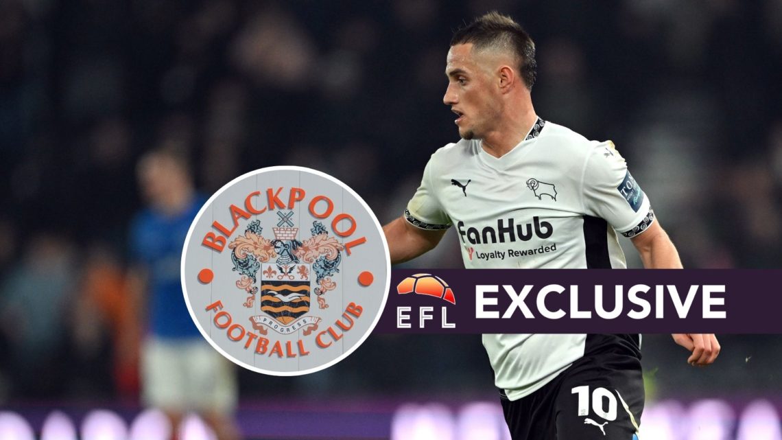 Jerry Yates of Derby County runs with the ball against Portsmouth, an inset of a detailed view of the Blackpool badge