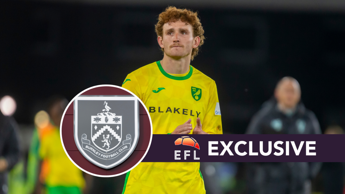Norwich City striker Josh Sargent. Inset, Burnley badge. Overlaid, exclusive branding.