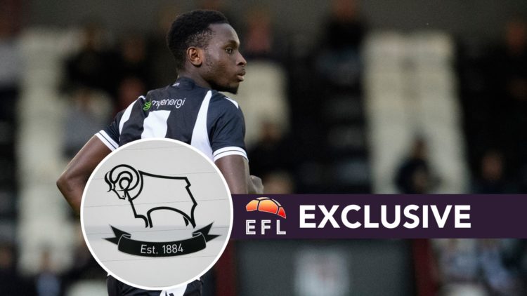Grimsby Town's Kamil Conteh during the pre-season friendly match between Grimsby Town and Lincoln City. Inset, Derby County badge. Overlaid, EFL An...
