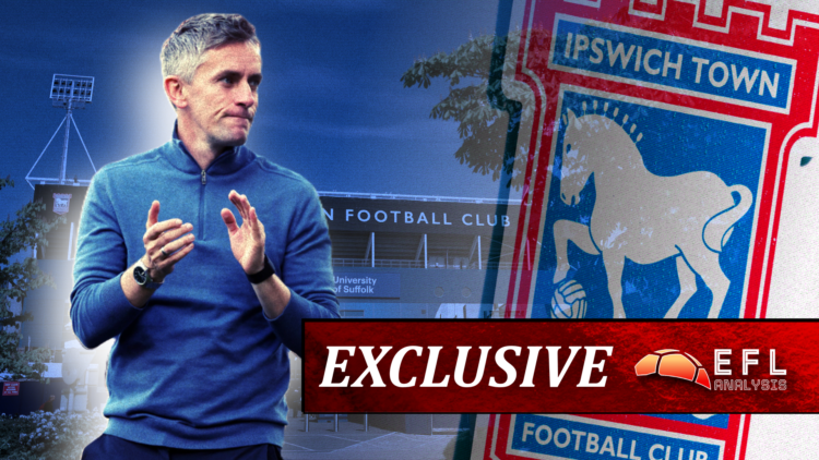 An illustration image with Kieran McKenna and the Ipswich Town badge for EFL Analysis