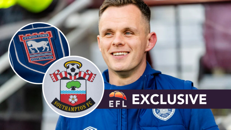 Hearts striker Lawrence Shankland. Overlaid, Ipswich Town FC badge and Southampton FC badge and EFL Analysis exclusive banner