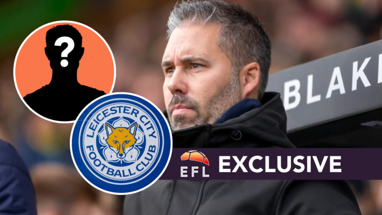 Leicester City FC manager Marti Cifuentes during time as Queens Park Rangers boss. Inset, the Leicester City FC badge and a mystery player with EFL...