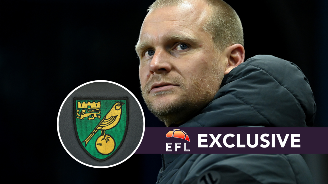 Norwich City manager Liam Manning. Inset, Norwich City badge. Overlaid, exclusive branding.