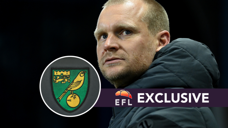 Norwich City manager Liam Manning. Inset, Norwich City badge. Overlaid, exclusive branding.