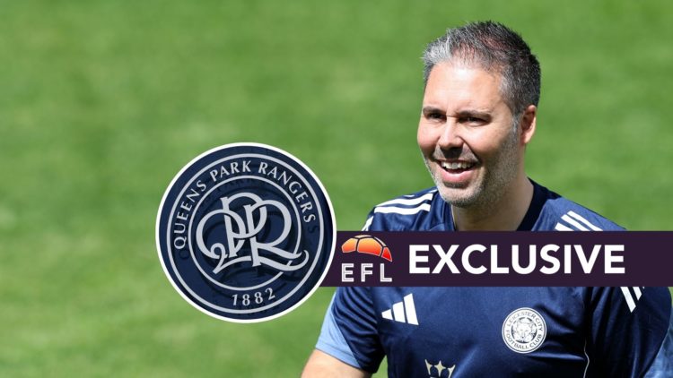 Marti Cifuentes smiles during a Leicester City training session, an inset of a Queens Park Rangers badge