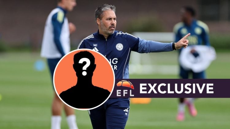 Marti Cifuentes gives instructions during a Leicester City training session, an inset of a mystery figure