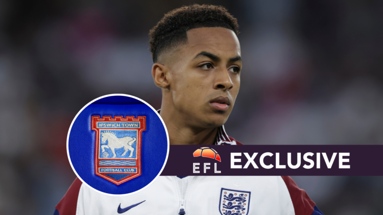 Omari Hutchinson for England U21s. Inset, Ipswich Town badge. Overlaid, exclusive branding.