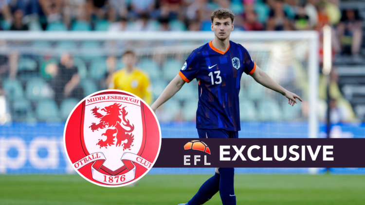 Middlesbrough defender Rav van den Berg. Inset, Middlesbrough badge. Overlaid, exclusive banner.