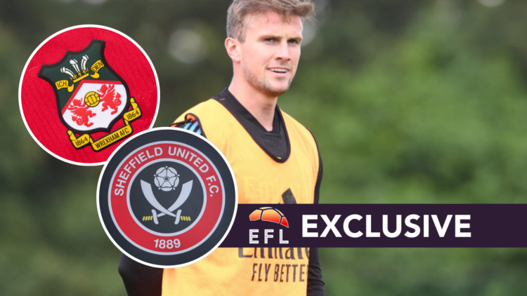 Rob Holding reacts during an Arsenal FC training session. Inset, the Sheffield United FC badge and Wrexham FC badge. Overlaid, the EFL Analysis exc...