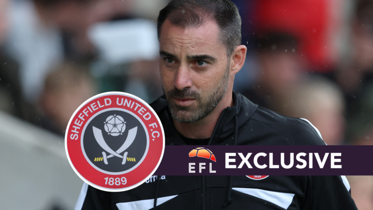 Sheffield United manager Ruben Selles. Inset, Sheffield United badge. Overlaid, exclusive branding.