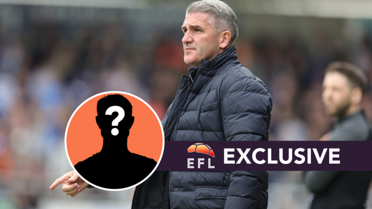 Wigan Athletic manager Ryan Lowe. Inset, mystery player graphic. Overlaid, exclusive branding.