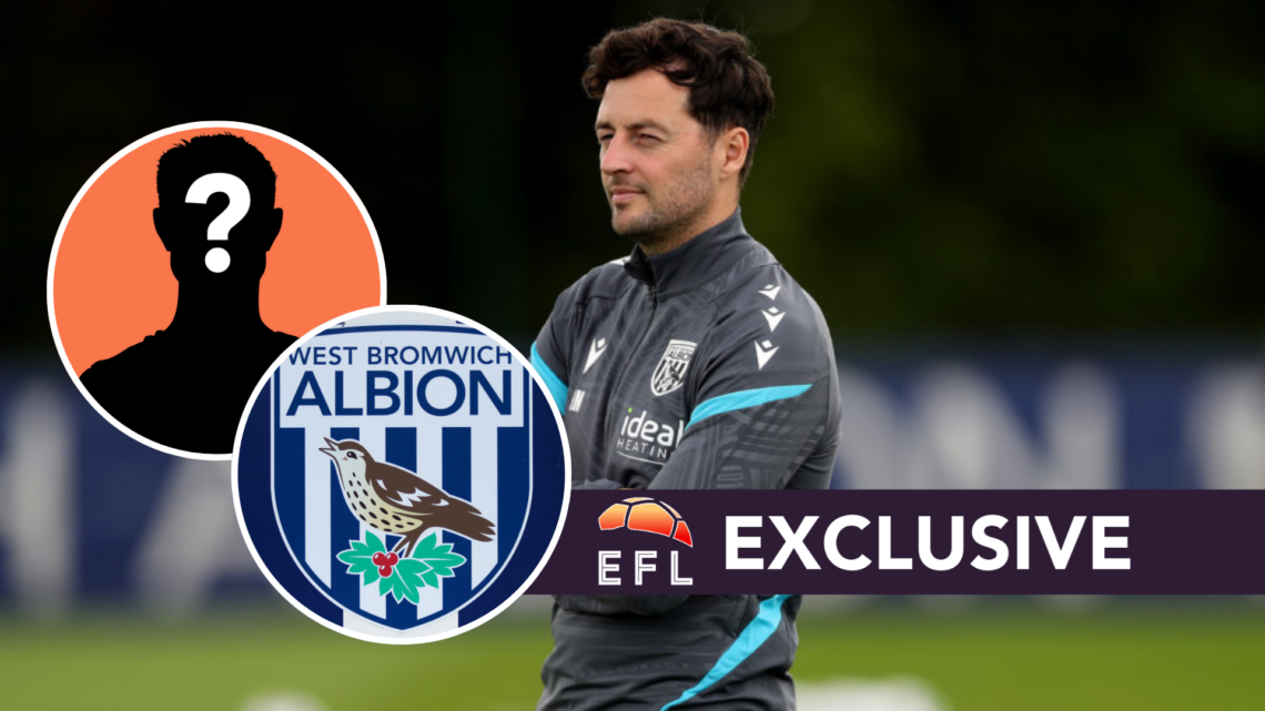West Bromwich Albion head coach Ryan Mason watches side in pre-season training. Overlaid, a mystery player, the West Bromwich Albion FC badge and t...