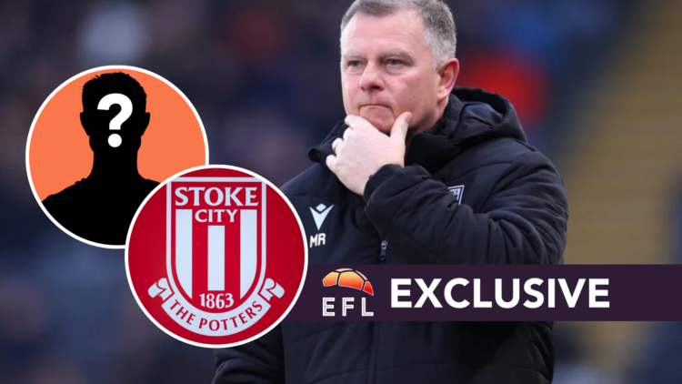 Stoke City FC manager Mark Robins reacts during a Championship match. Overlaid, the Stoke City FC badge, a mystery Stoke City player and the EFL An...