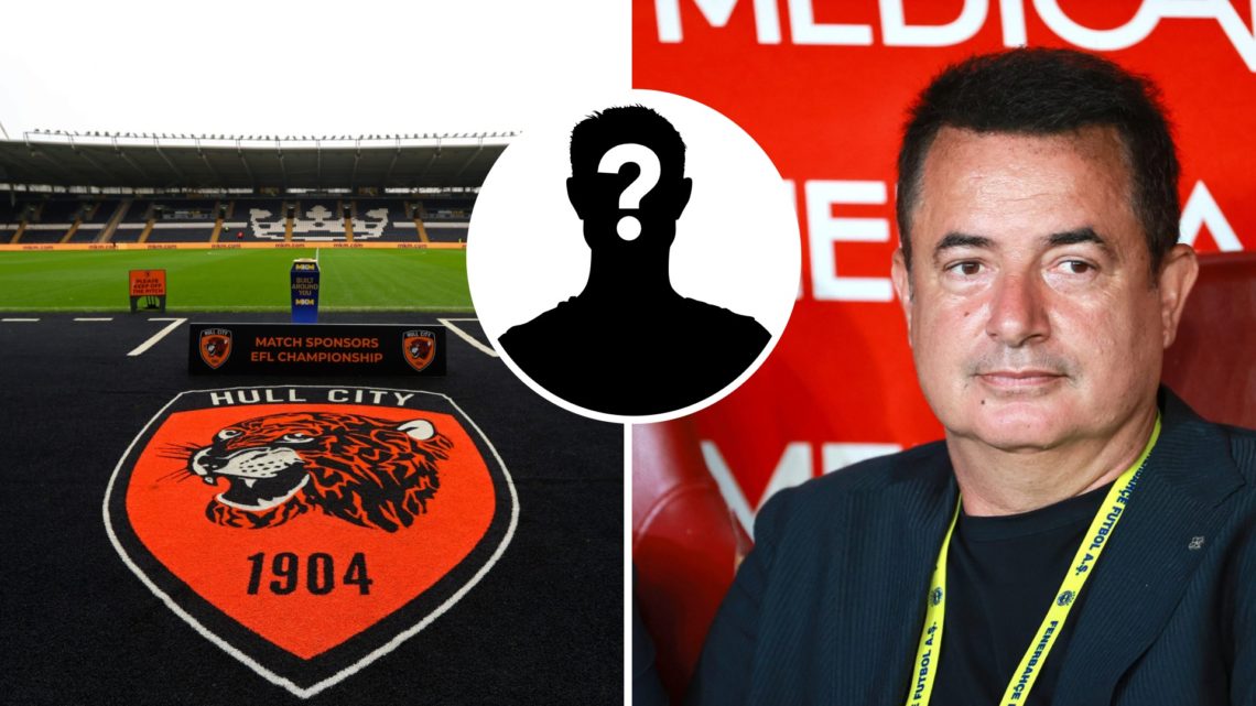 Hull City badge at the MKM Stadium before a Championship match, and Hull City owner Acun Illicali. Overlaid, a mystery player
