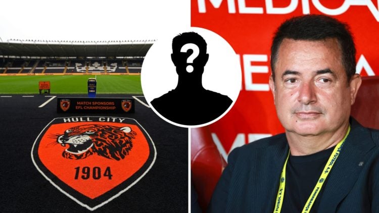 Hull City badge at the MKM Stadium before a Championship match, and Hull City owner Acun Illicali. Overlaid, a mystery player