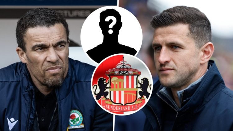 Blackburn Rovers FC manager Valerien Ismael and Portsmouth FC head coach John Mousinho. Overlaid, a mystery player and the Sunderland AFC badge