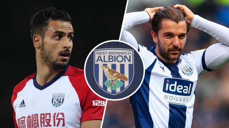 Split image of Nacer Chadli (L) and Jay Rodriguez (R) with West Brom badge inset.