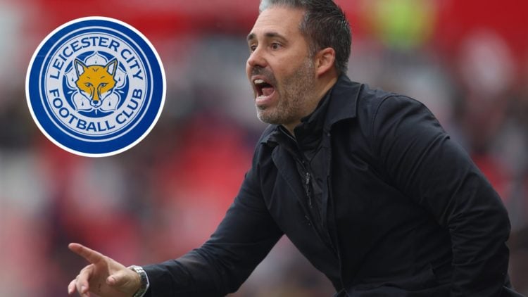 Marti Cifuentes reacts during QPR's Championship match against Stoke City, an inset of the Leicester City badge