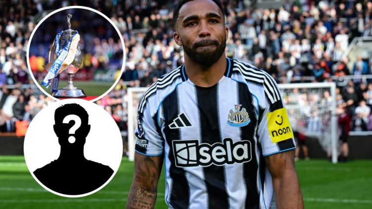 Callum Wilson becomes emotional after Newcastle United vs Everton, an inset of the SkyBet Championship trophy, an inset of a mystery man