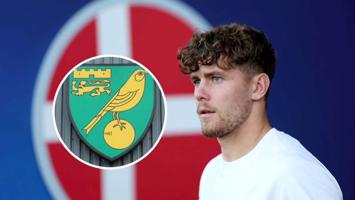 Denmark star Mathias Kvistgaarden. Inset, Norwich City badge.