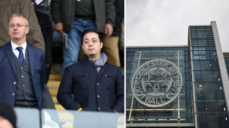Jon Rudkin watches Swansea City vs Leicester City with Aiyawatt Srivaddhanaprabha, a general view of the outside of the King Power Stadium