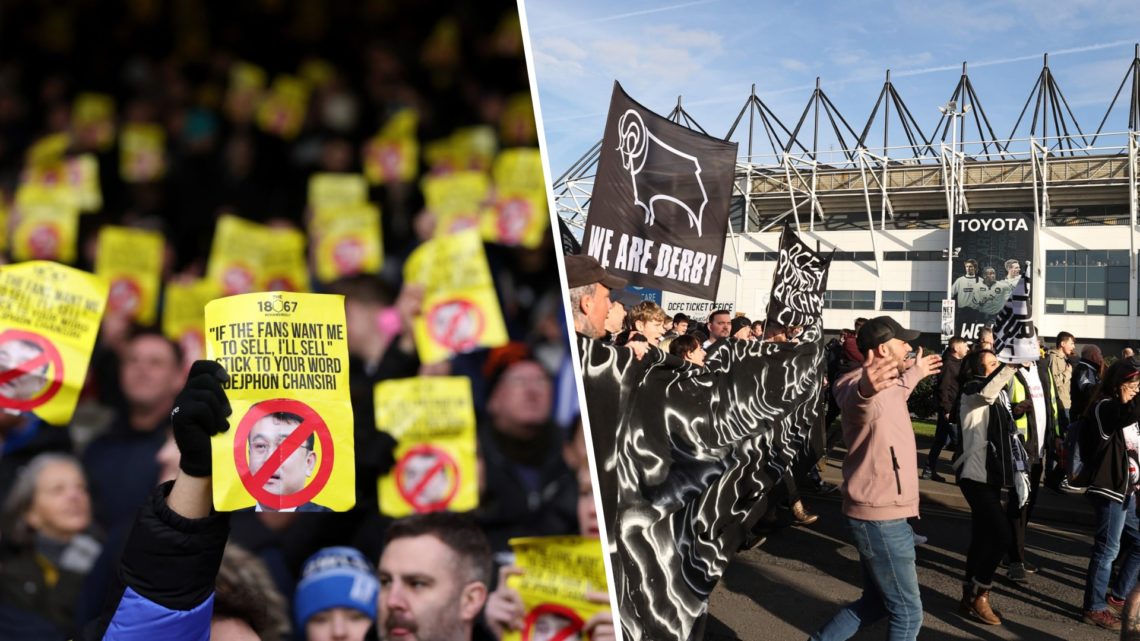 Sheffield Wednesday supporters protest against team owner Dejphon Chansiri prior to the Sky Bet Championship match between Leeds United FC and Shef...