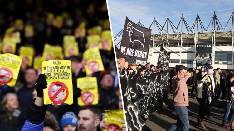 Sheffield Wednesday supporters protest against team owner Dejphon Chansiri prior to the Sky Bet Championship match between Leeds United FC and Shef...