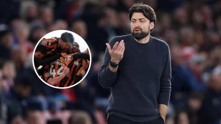 An image of Russell Martin with an inset of Abu Kamara surrounded by Hull City teammates