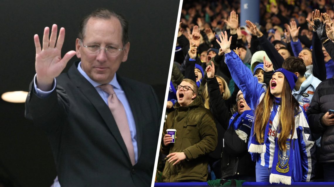 US businessman and owner of Botafogo John Textor (left), Fans show their support from the stands during the Sky Bet Championship match between Shef...
