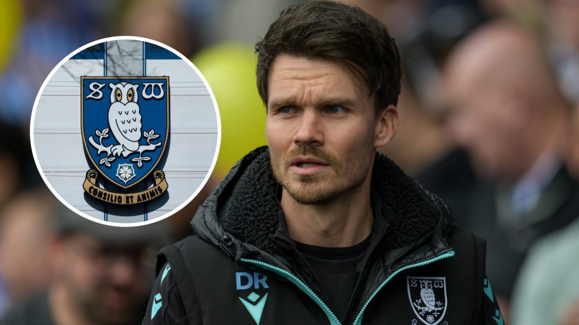 Danny Rohl during Sheffield Wednesday against Portsmouth. Sheffield Wednesday badge adorns Hillsborough Stadium - Sheffield Wednesday Football Club.