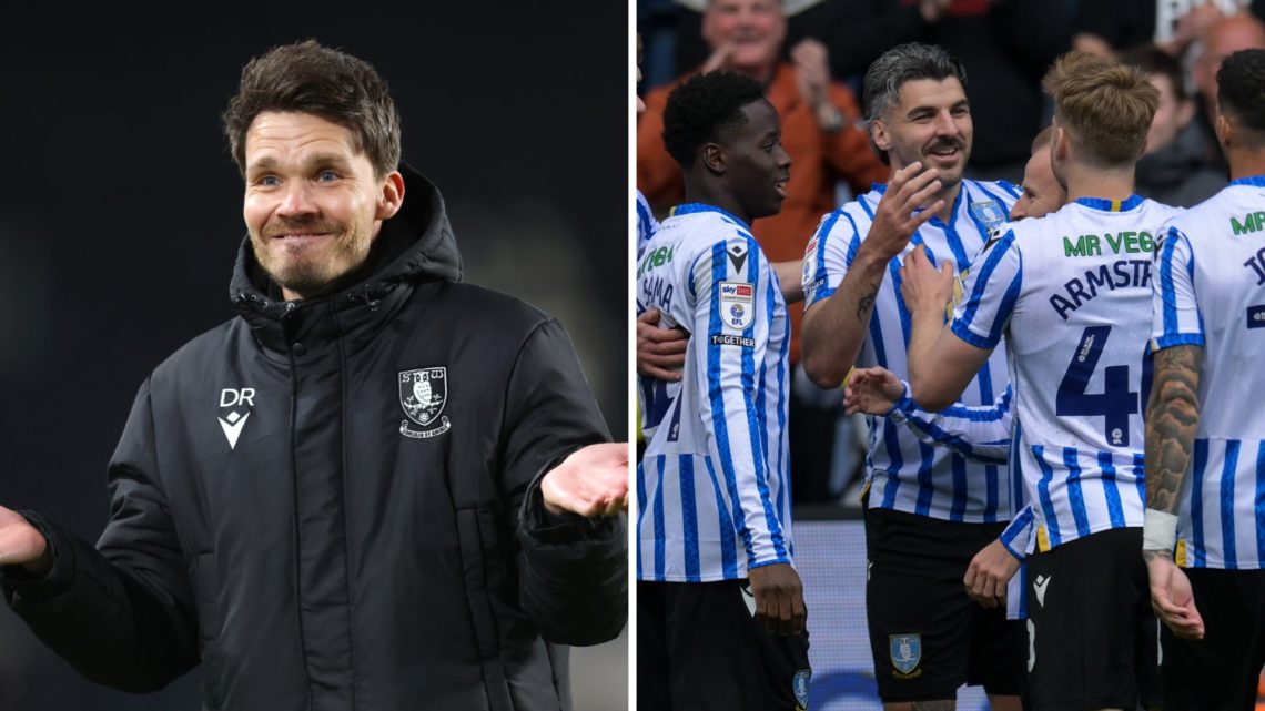 Danny Rohl reacts to a decision given during Hull City vs Sheffield Wednesday. Callum Paterson of Sheffield Wednesday celebrates his goal with his ...