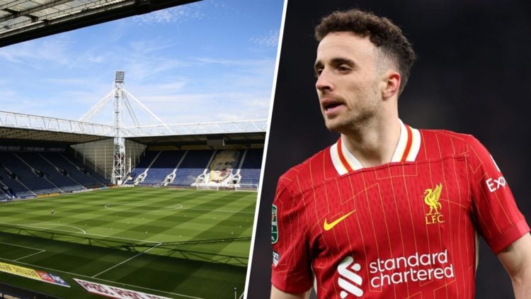 Interior General View of Deepdale prior the Sky Bet Championship match between Preston North End. Diogo Jota of Liverpool looks on during the Carab...