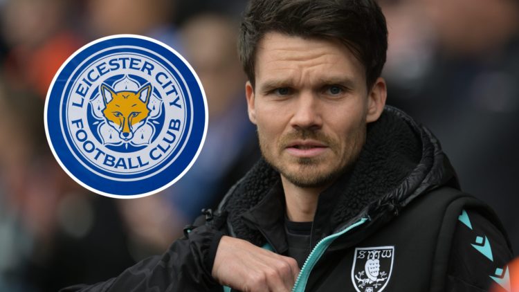 Sheffield Wednesday FC head coach Danny Rohl reacts during a Championship game. Overlaid, the Leicester City FC badge
