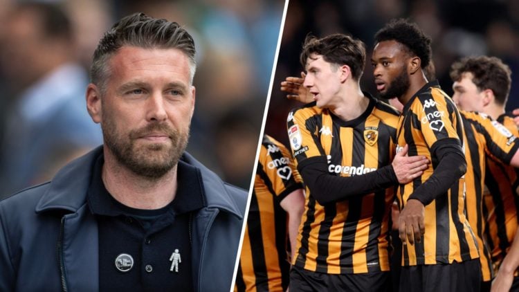 A split image of Rob Edwards and Alfie Jones surrounded by Hull City teammates