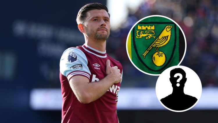Former West Ham star Aaron Cresswell. Inset, Norwich Cit badge and mystery player graphic.