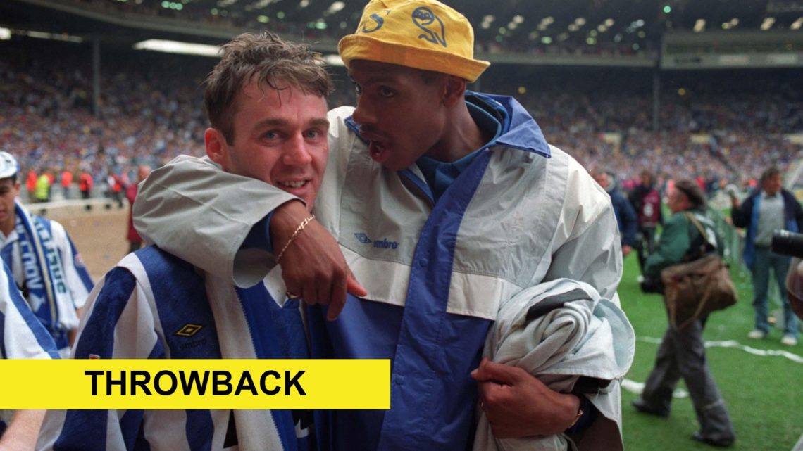 John Sheridan and Carlton Palmer celebrate Sheffield Wednesday's 1991 League Cup win. Overlaid, throwback banner.